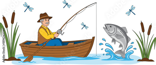 Elderly fisherman in a wooden rowboat catching a large jumping trout fish in a peaceful lake surrounded by cattails and dragonflies vector illustration.