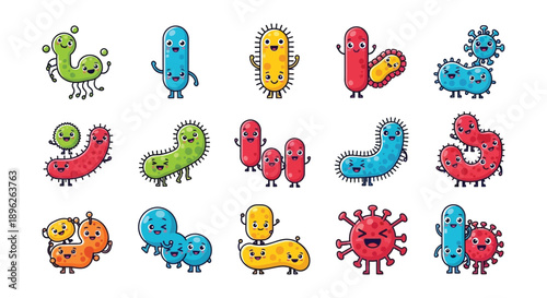 Cartoon depiction of various colorful and expressive bacteria characters