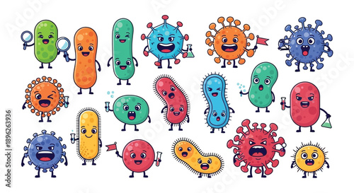 Cartoon depiction of various colorful and expressive bacteria characters