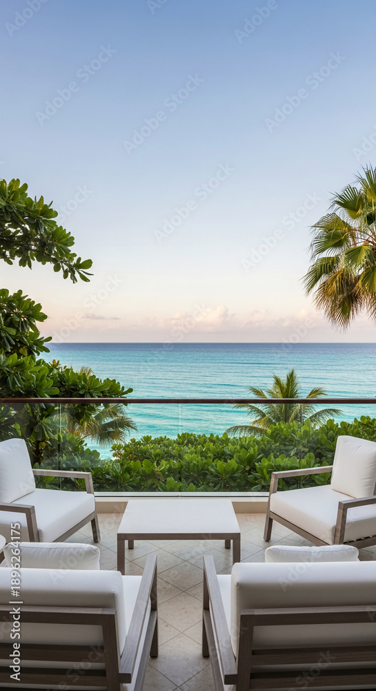 Fototapeta premium Outdoor view of a balcony with white chairs overlooking the ocean. Represents relaxation, travel, and tropical escape, perfect for vacation.