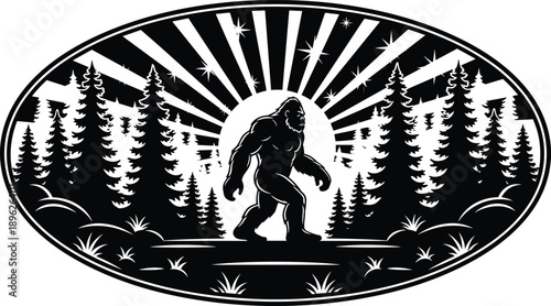 Bigfoot silhouette forest emblem, sasquatch creature landscape, pine trees sunrise rays, mystery legend wilderness, black vector illustration isolated