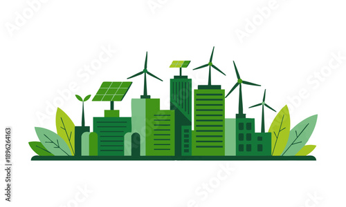 Green eco city skyline with wind turbines and solar panels vector illustration.