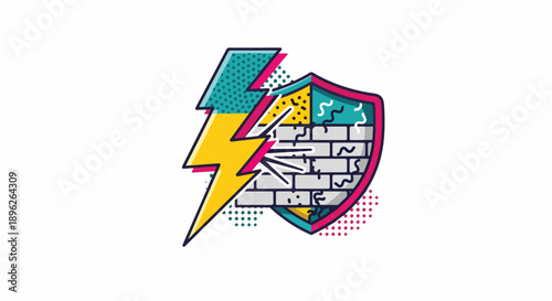 Abstract illustration of a lightning bolt striking a brick wall shield, symbolizing protection and defense against attack.
