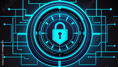 Cyber security icon illustration, shield with digital lock and circuit pattern, modern IT theme, flat vector style, blue neon accent, simple background, 