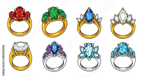 Collection of gemstone rings in various colors and metal settings