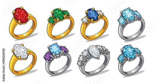 Collection of gemstone rings in various colors and metal settings