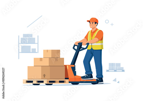 Worker with pallet jack stacking boxes in warehouse, flat vector illustration