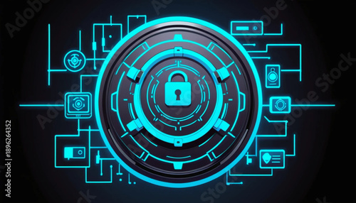 Cyber security icon illustration, shield with digital lock and circuit pattern, modern IT theme, flat vector style, blue neon accent, simple background, 