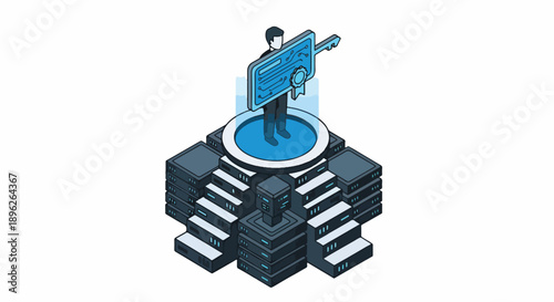 Isometric illustration of a person holding a digital certificate or award on a futuristic podium with a key