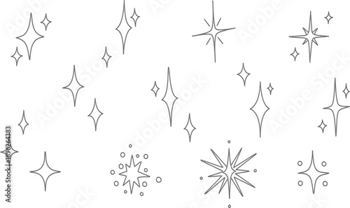 Minimalist floating sparkle icons set, magic twinkling star elements, glowing shine symbols, decorative light bursts, clean line art for graphic design.