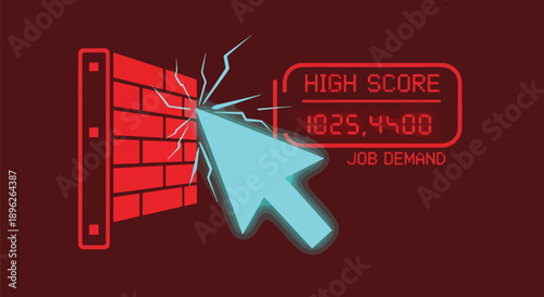 Computer mouse cursor breaking through a digital brick wall, representing cybersecurity breach or overcoming obstacles