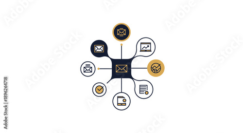 Centralized hub connected to various communication icons.