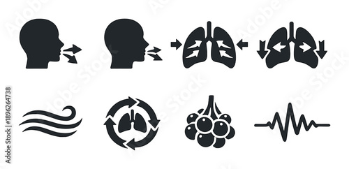 Respiratory system icons with human profiles and lungs