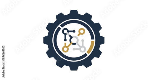 Gear icon with molecular structure inside representing technology and science.