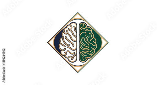 Stylized brain illustration with contrasting halves in diamond shape.