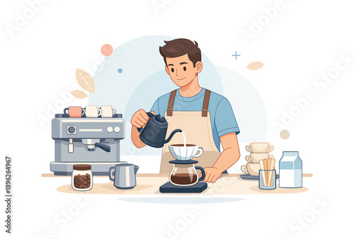Barista brewing coffee with pour over method, flat vector illustration