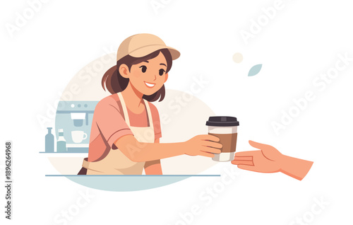Barista handing coffee cup to customer, flat vector illustration