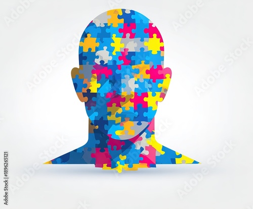 Silhouette of a head filled with colorful puzzle pieces shows the concept of individuality and diversity in thought processes