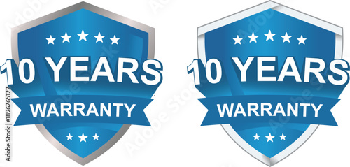 10 years warranty label, logo, badge icon. minimalist shiny red gold silver shield. Vector design