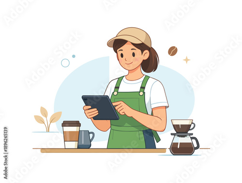 Barista with tablet in coffee shop, flat vector illustration