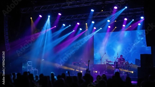 Live music concert stage with colorful light beams and audience silhouettes in dark venue