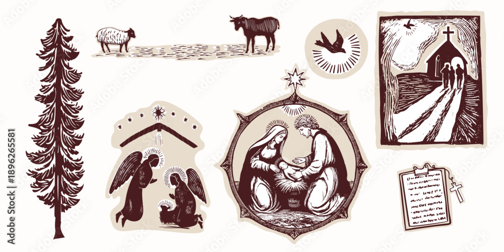 Obraz premium Hand drawn angelic nativity set for Christian Christmas card design. Black and White Angels, church, baby Jesus, Mary Joseph, Holy Spirit Isolated vector for Noel Church scene in religious faith. 