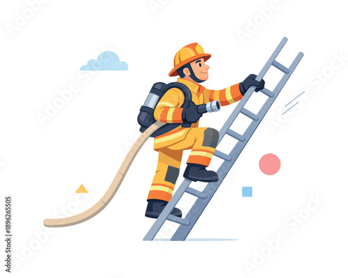 Firefighter climbing ladder in uniform with hose and helmet, flat vector illustration