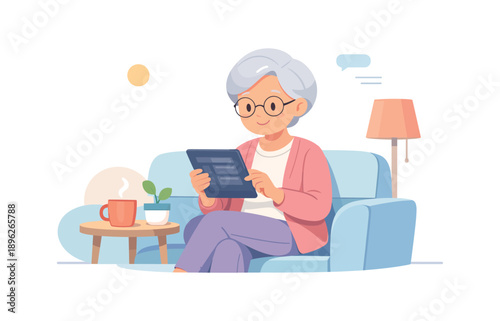 Elderly woman reading on tablet in cozy living room, flat vector illustration