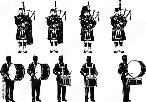 Scottish musicians silhouettes set, bagpipers drummers parade, traditional uniform performance, Celtic heritage music, marching band illustration, black vector collection