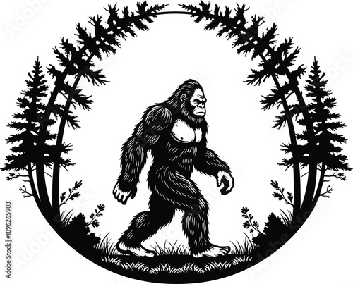 Bigfoot silhouette forest frame, sasquatch walking wilderness, pine trees arch landscape, mythical creature legend, black vector illustration isolated