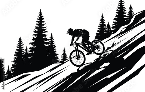 Mountain biking silhouette, downhill cyclist action, forest trail adventure, extreme sport illustration, pine trees landscape, dynamic outdoor vector graphic