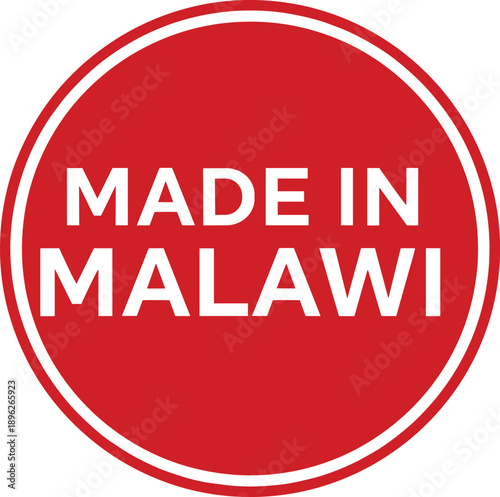 Made in Malawi red circular badge vector illustration for product origin label, country of manufacture seal, branding use