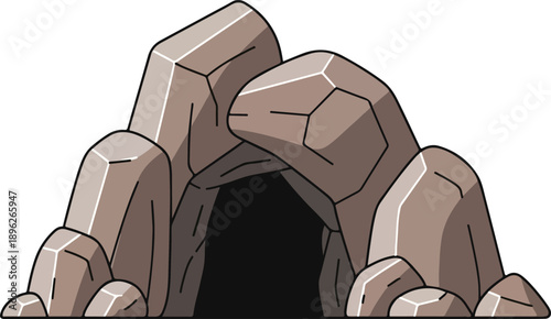 An illustrated rocky cave entrance viewed from outside with stones and rocks surrounding the opening