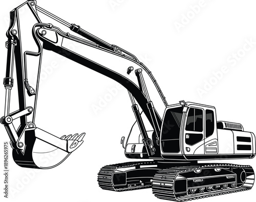 Excavator silhouette construction machine, hydraulic digger equipment, heavy machinery vehicle, industrial engineering illustration, black vector isolated design