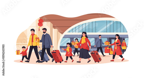 Illustration of a Chinese family with children traveling during the Spring Festival holiday week, carrying luggage and wearing traditional clothing, with a train in the background.
