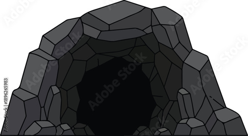 Dark Cave Entrance Illustration Featuring Rocks and Shadows from a Frontal Viewpoint