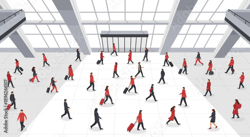 Illustration of people in red and black clothing walking with luggage in a large, modern transportation hub with a busy and dynamic mood.