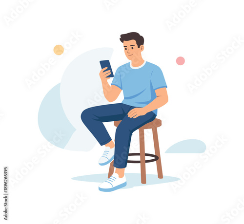 Man sitting on stool using smartphone, flat vector illustration