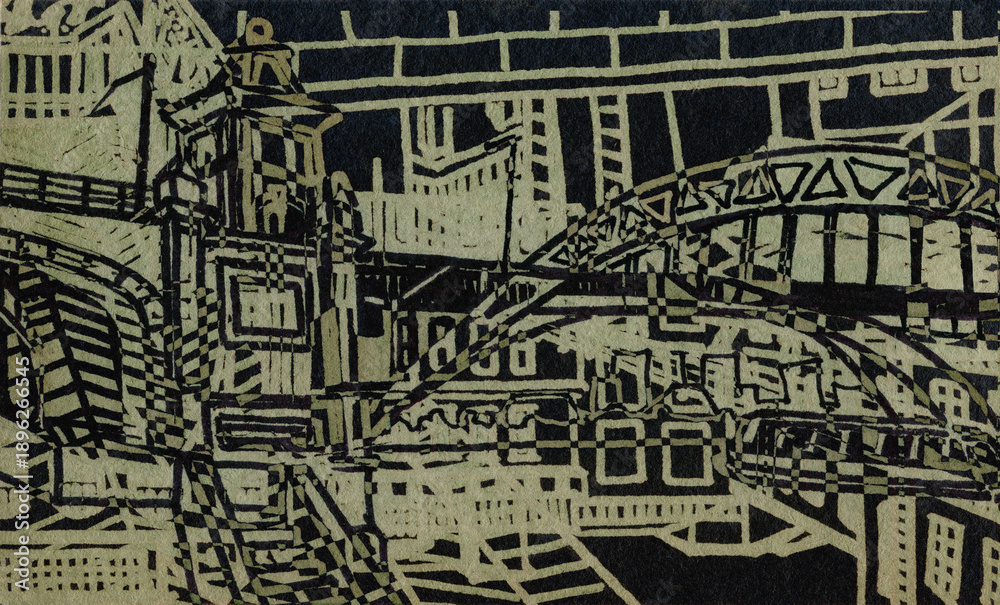 Obraz premium Abstract sketch of industrial architecture on a black background. Architectural fantasy.