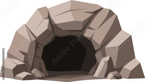 Ancient Cave Entrance Illustration Featuring Rocks and Shadows from a Front Viewpoint