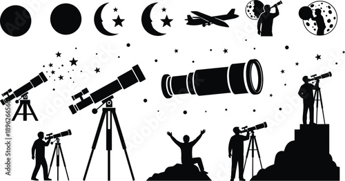 Collection of Telescope and Astronomy Silhouette Vector Illustration Set, Different Moon Phases Stargazing People and Professional Observational Equipment for Science Education and Space Exploration