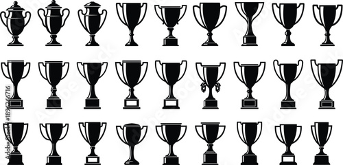 Collection of Trophy and Winner Award Silhouette Vector Illustration Set, Different Golden Cup Shapes for Sports Competition Achievement Success and First Place Design,