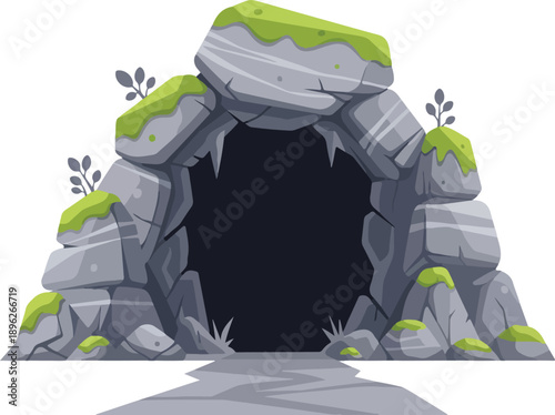 An illustration of a cave entrance with rocks and greenery viewed from the outside