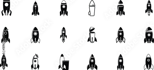 Monochrome vector set of modern rocket icons, minimal flat design, isolated on white, scalable for UI, web, and tech illustrations, clean and professional.