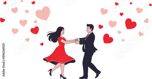 Couple dancing romantically surrounded by hearts