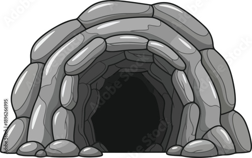 An illustration of a cave entrance built with large stones, viewed from the front, showcasing architecture, rocks, and a dark interior