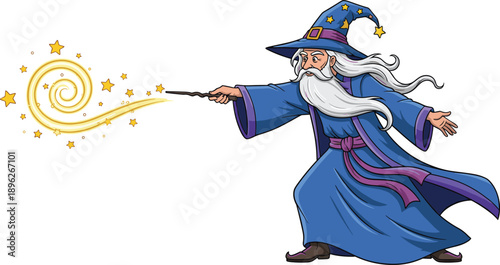 Powerful cartoon wizard with a long white beard, wearing a blue robe and starry hat, casting a golden magic spell with a wand, representing fantasy and sorcery.