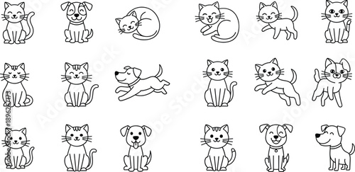 Cute hand drawn cat and dog doodle character set with playful pets poses black and white line art illustration collection icons