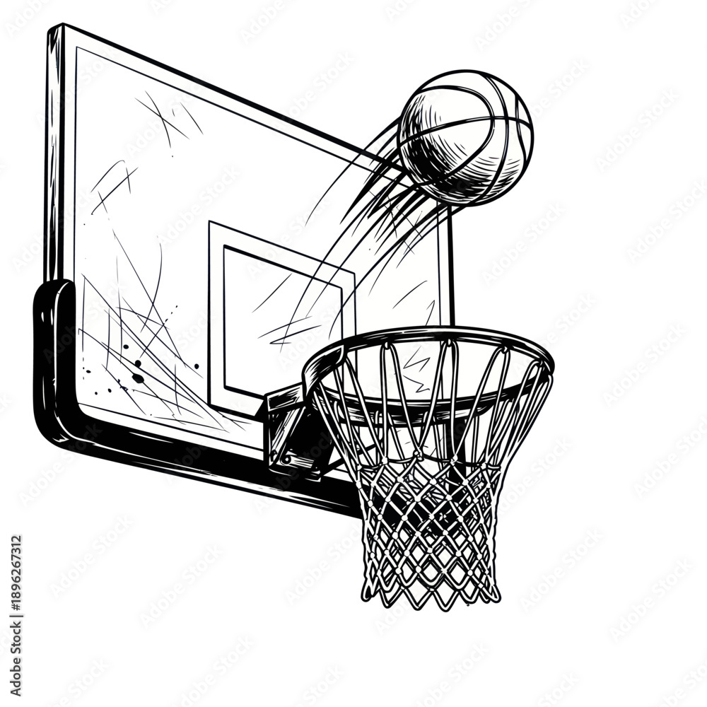 Naklejka premium Basketball going through hoop, sketch style, dynamic action shot