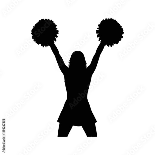Cheerleader Silhouette with Pom Poms Raised in Victory Pose